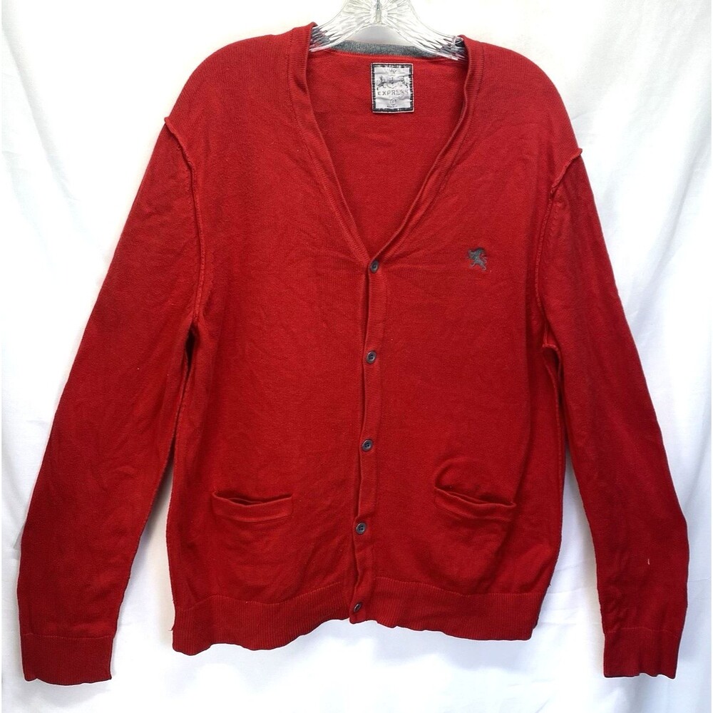 Express Men's Large Red Long Sleeve Button Up Cotton Sweater FLAW